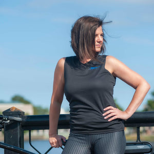 Woman wearing Herron black V-neck moisture wicking performance t-shirt.